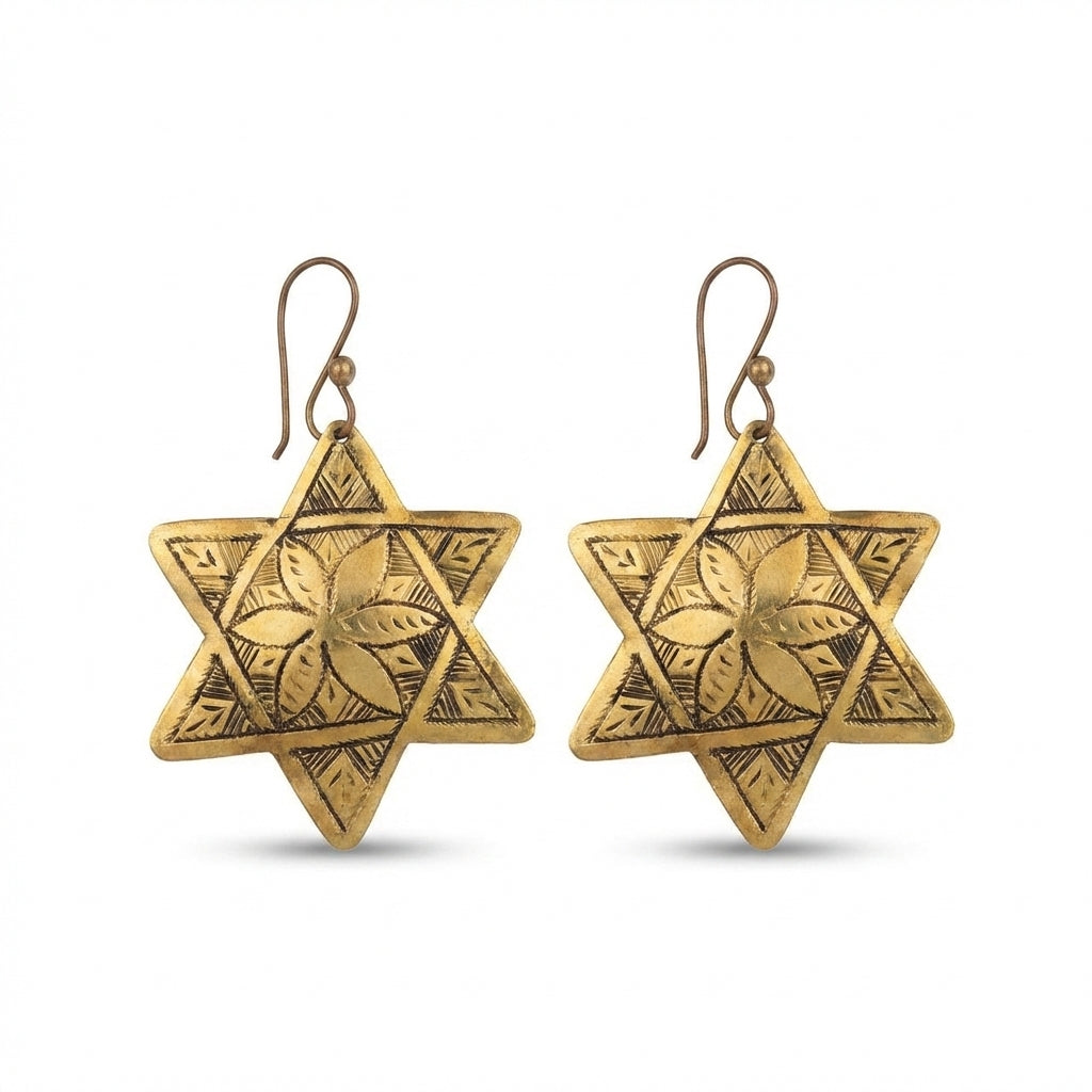 Hand-Engraved Brass Star Earrings by Bohemia Design | Floral Motif