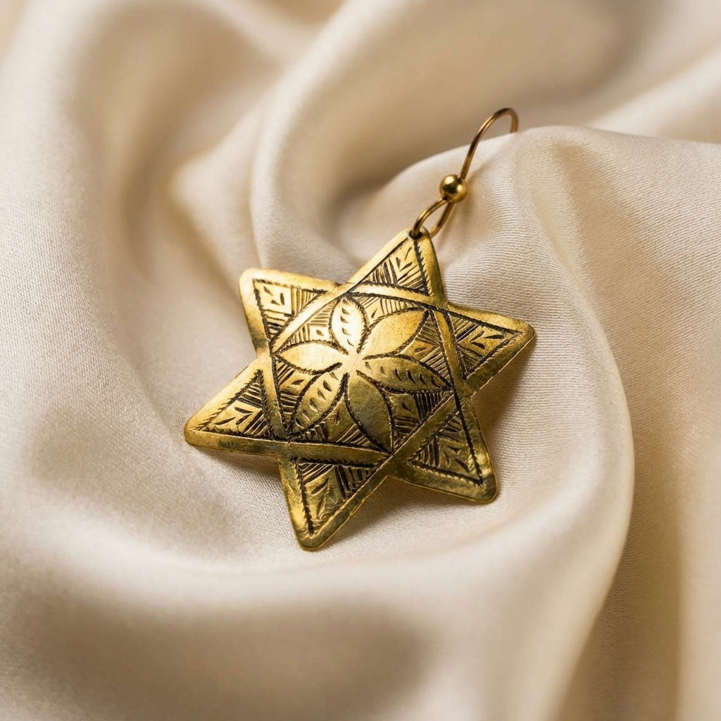 Hand-Engraved Brass Star Earrings by Bohemia Design | Floral Motif