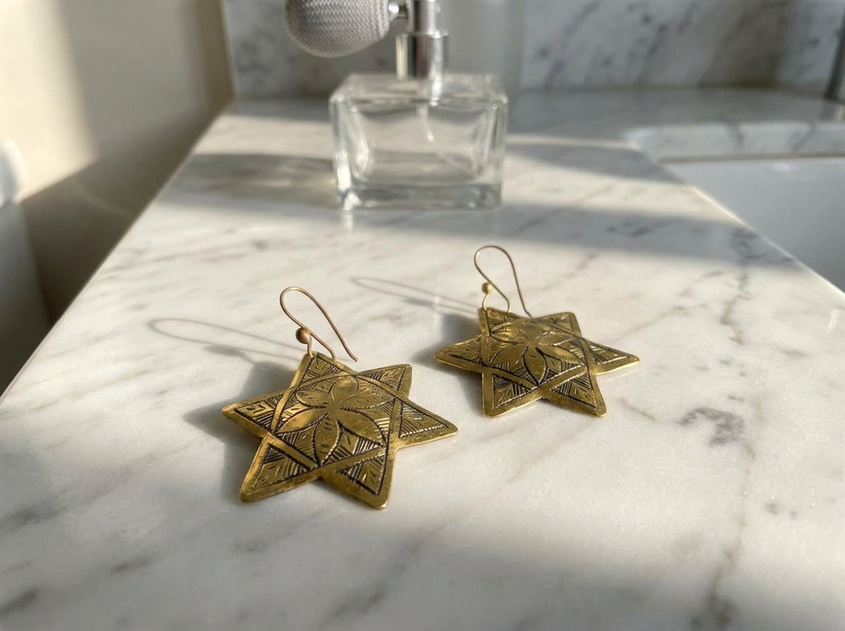 Hand-Engraved Brass Star Earrings by Bohemia Design | Floral Motif