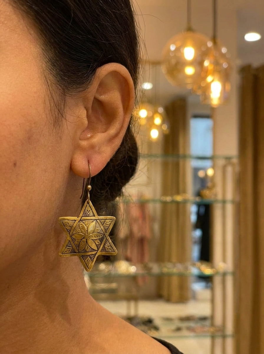 Hand-Engraved Brass Star Earrings by Bohemia Design | Floral Motif
