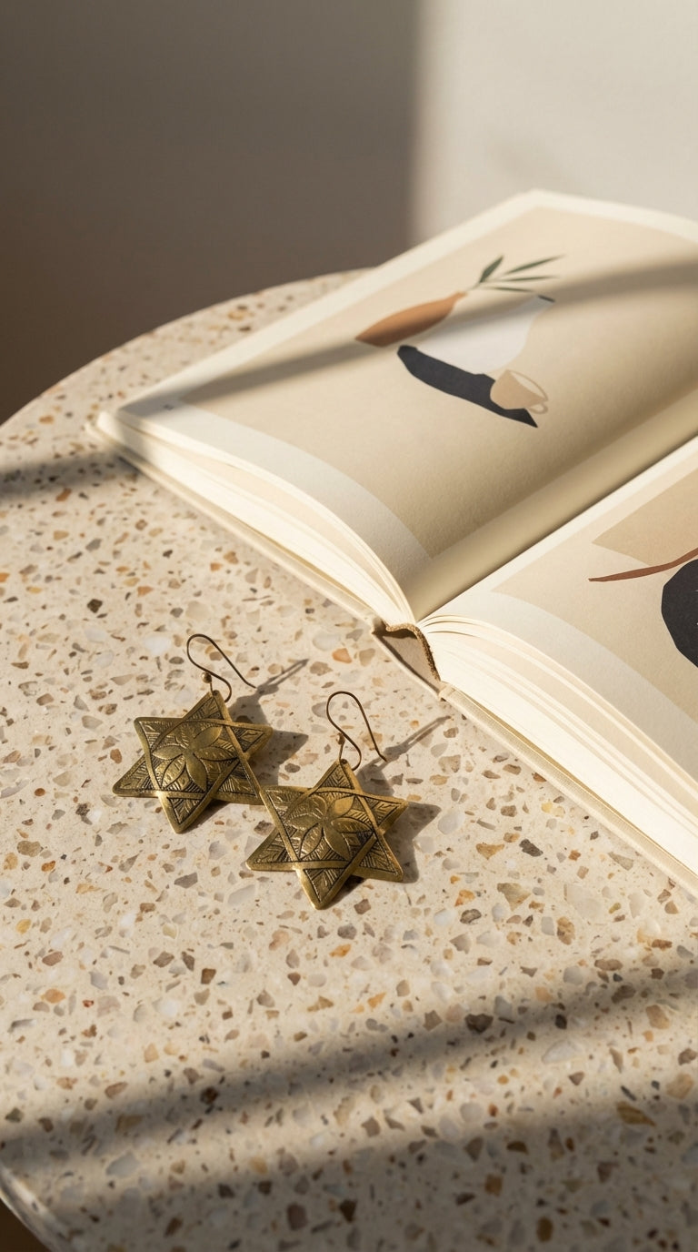 Hand-Engraved Brass Star Earrings by Bohemia Design | Floral Motif