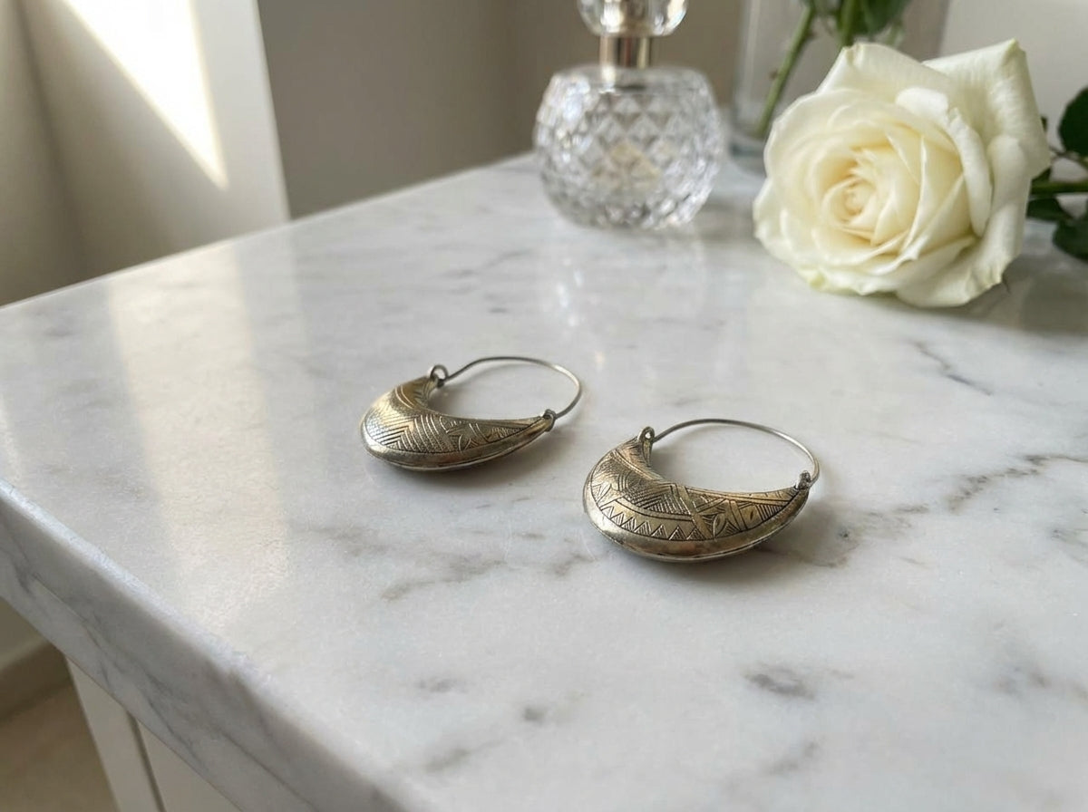 Bohemia Design Silver Berber Crescent Earrings | Hand-Engraved