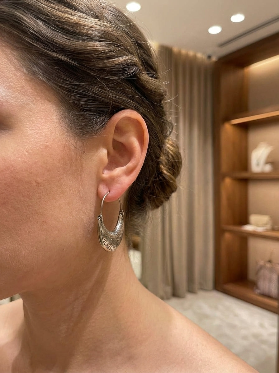 Bohemia Design Silver Berber Crescent Earrings | Hand-Engraved