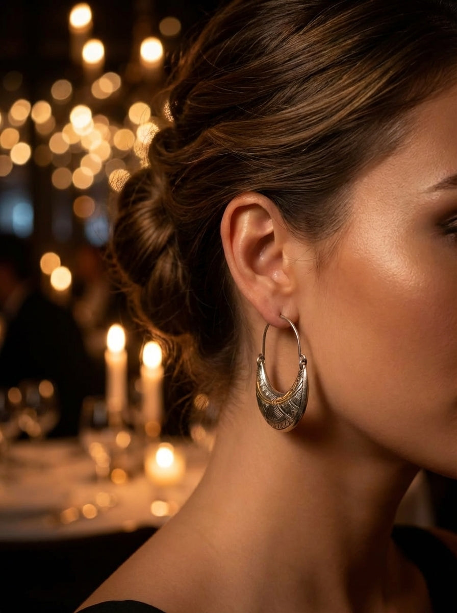 Bohemia Design Silver Berber Crescent Earrings | Hand-Engraved
