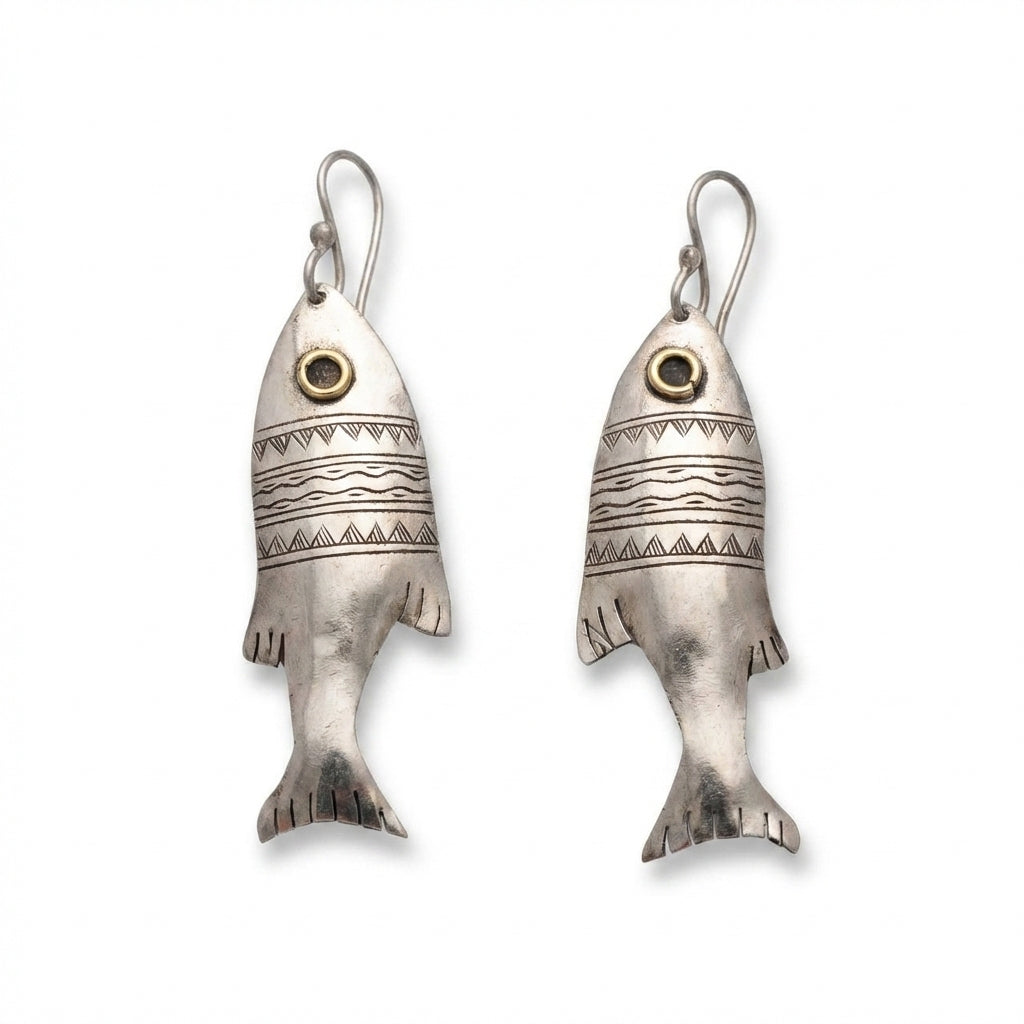 Bohemia Design Hand-Engraved Silver Fish Earrings with Brass Eye