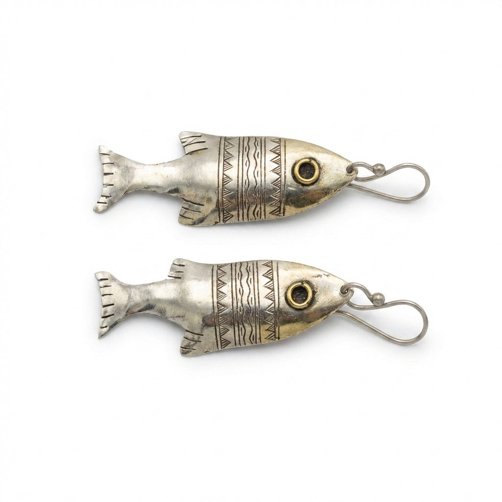 Bohemia Design Hand-Engraved Silver Fish Earrings with Brass Eye