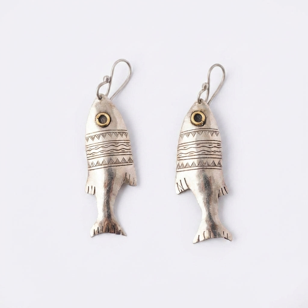 Bohemia Design Hand-Engraved Silver Fish Earrings with Brass Eye