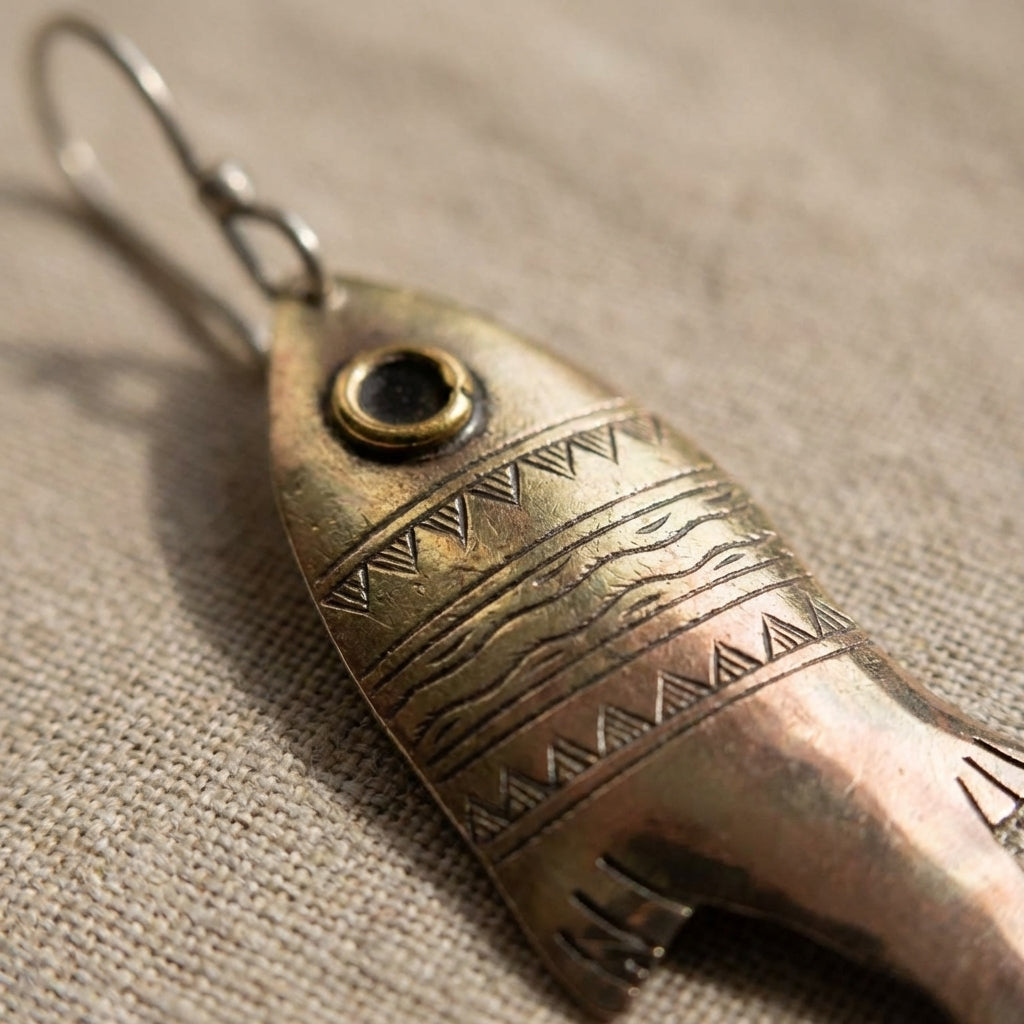 Bohemia Design Hand-Engraved Silver Fish Earrings with Brass Eye