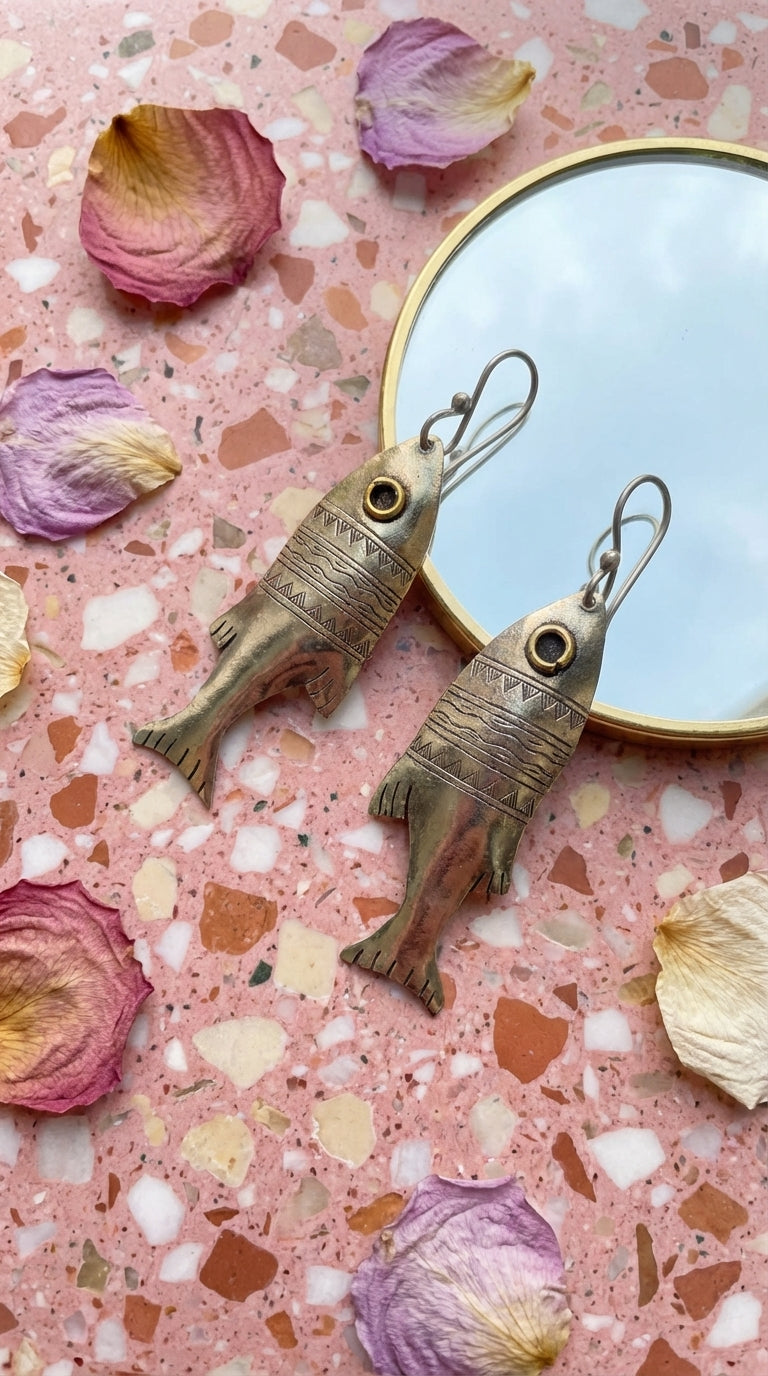 Bohemia Design Hand-Engraved Silver Fish Earrings with Brass Eye