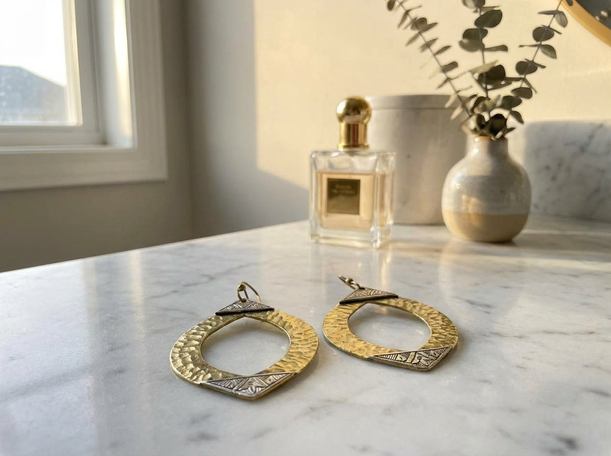 Hand-Hammered Gold Brass & Silver Moroccan Marquise Earrings | Bohemia Design