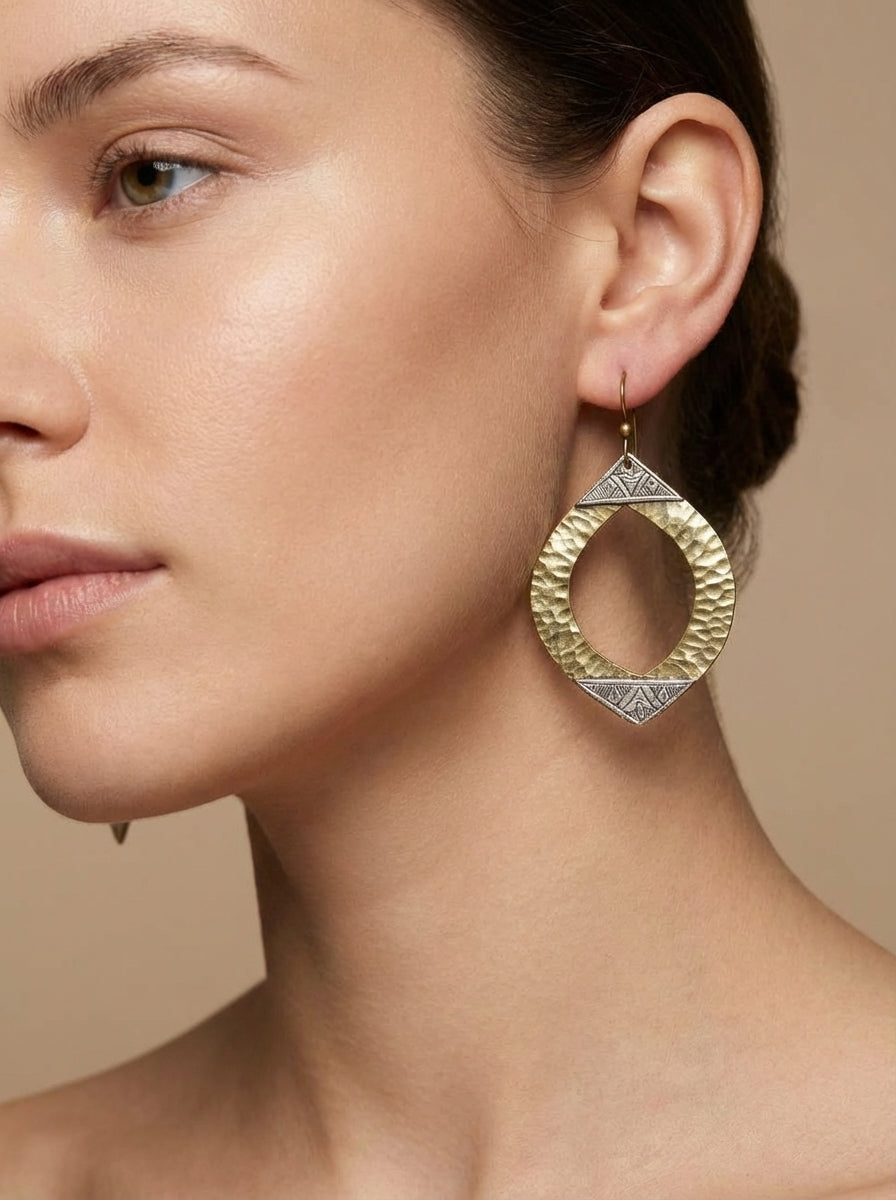 Hand-Hammered Gold Brass & Silver Moroccan Marquise Earrings | Bohemia Design