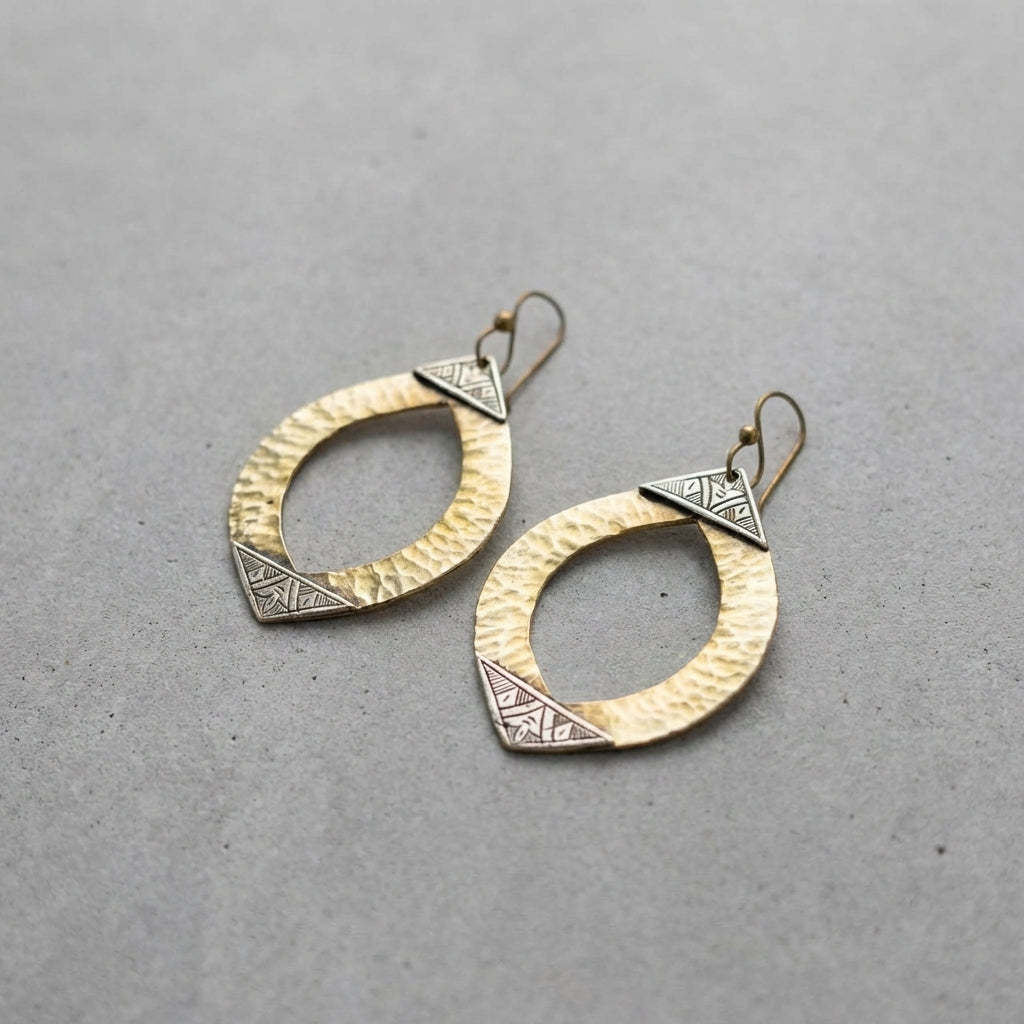 Hand-Hammered Gold Brass & Silver Moroccan Marquise Earrings | Bohemia Design