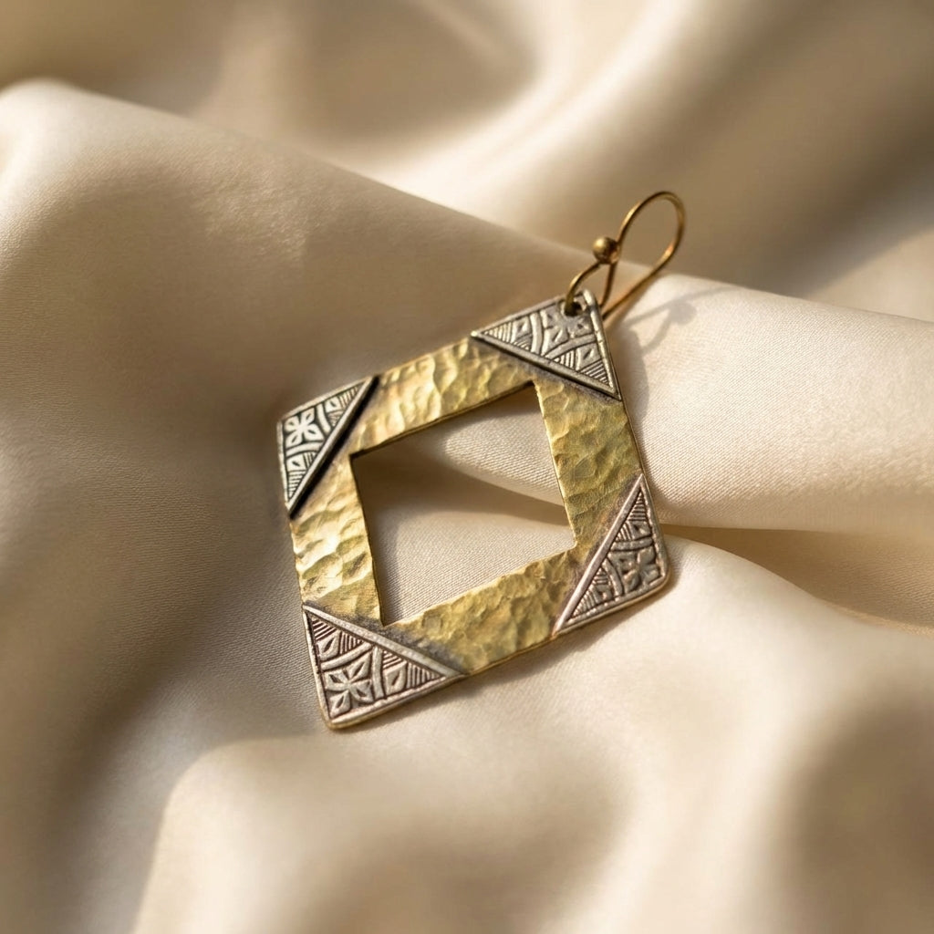 Bohemia Design Hand-Hammered Brass & Silver Rhombus Earrings