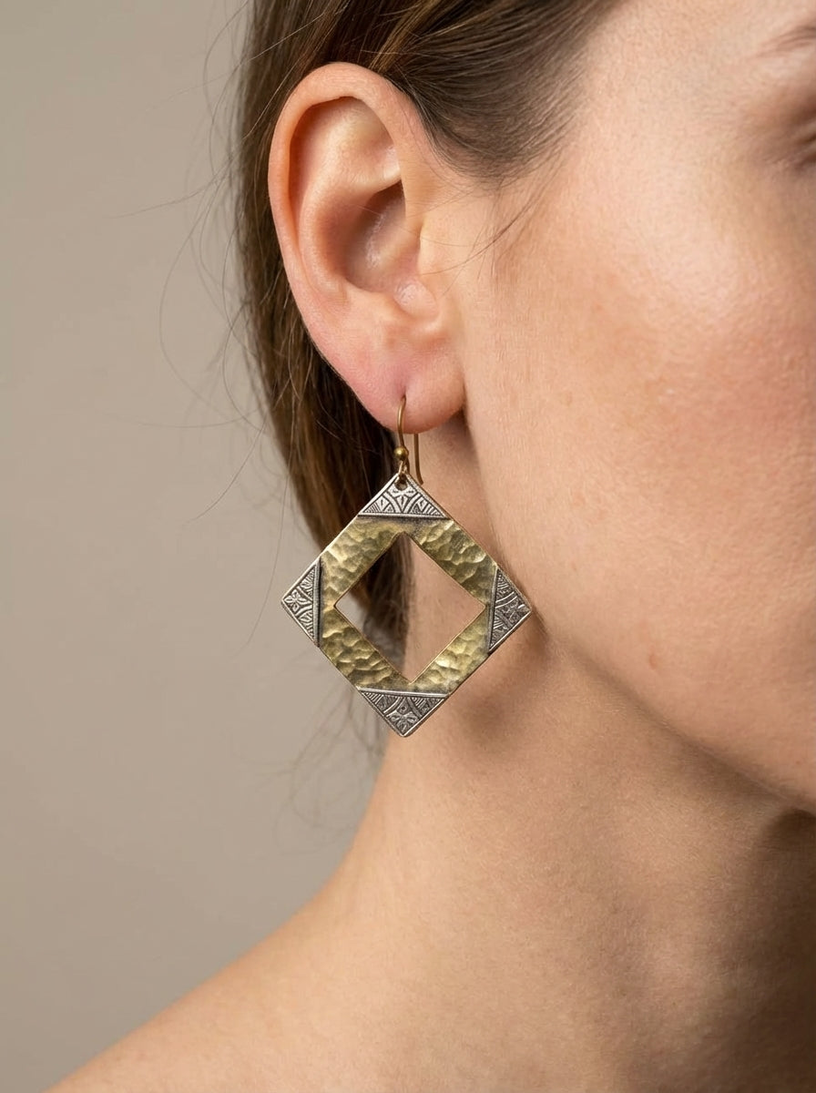Bohemia Design Hand-Hammered Brass & Silver Rhombus Earrings