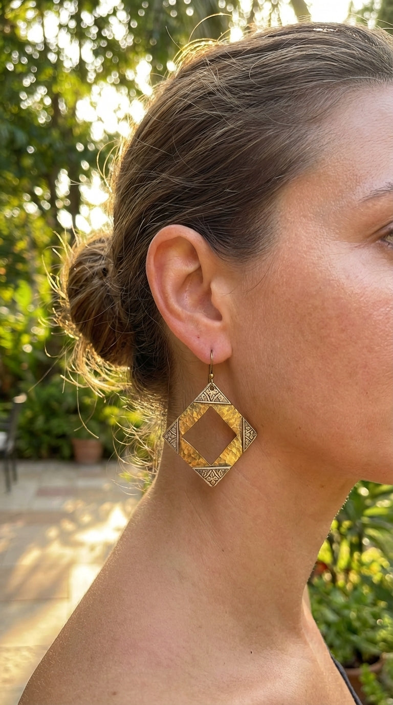 Bohemia Design Hand-Hammered Brass & Silver Rhombus Earrings
