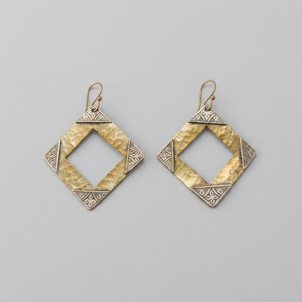 Bohemia Design Hand-Hammered Brass & Silver Rhombus Earrings