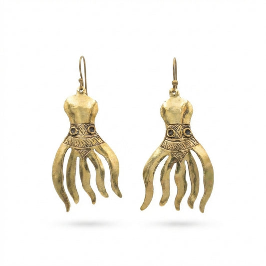 Bohemia Design Hand-Chiseled Brass Octopus Earrings - Gold Tone