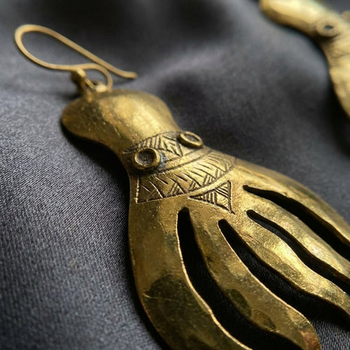 Bohemia Design Hand-Chiseled Brass Octopus Earrings - Gold Tone