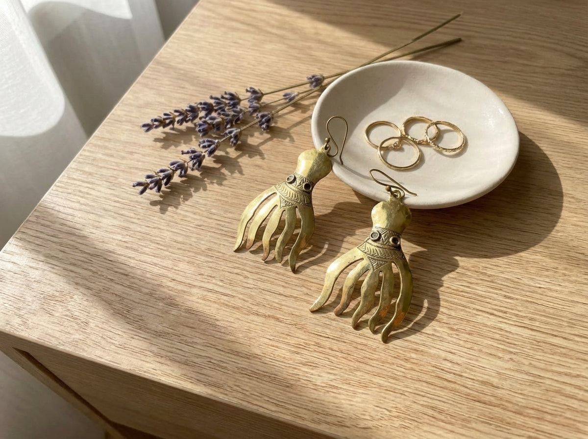 Bohemia Design Hand-Chiseled Brass Octopus Earrings - Gold Tone