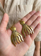 Bohemia Design Hand-Chiseled Brass Octopus Earrings - Gold Tone