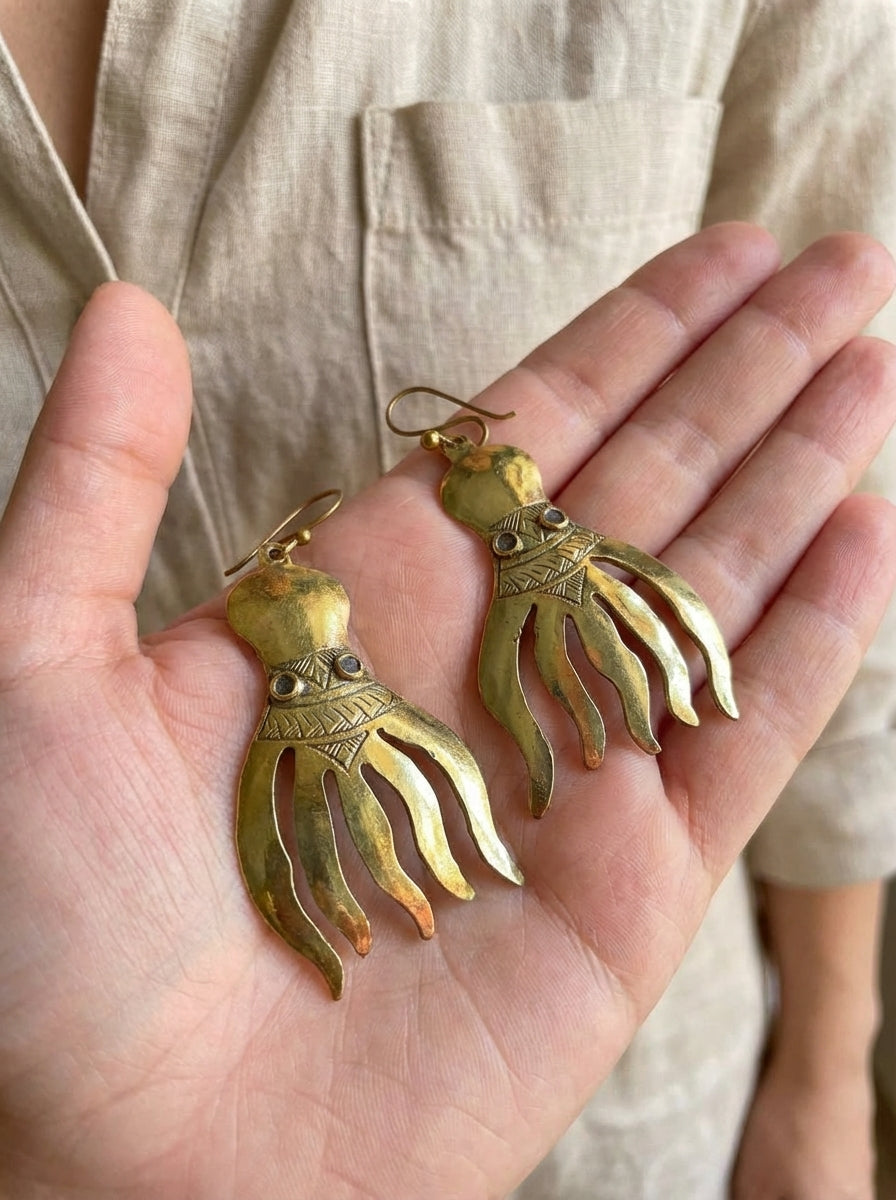 Bohemia Design Hand-Chiseled Brass Octopus Earrings - Gold Tone
