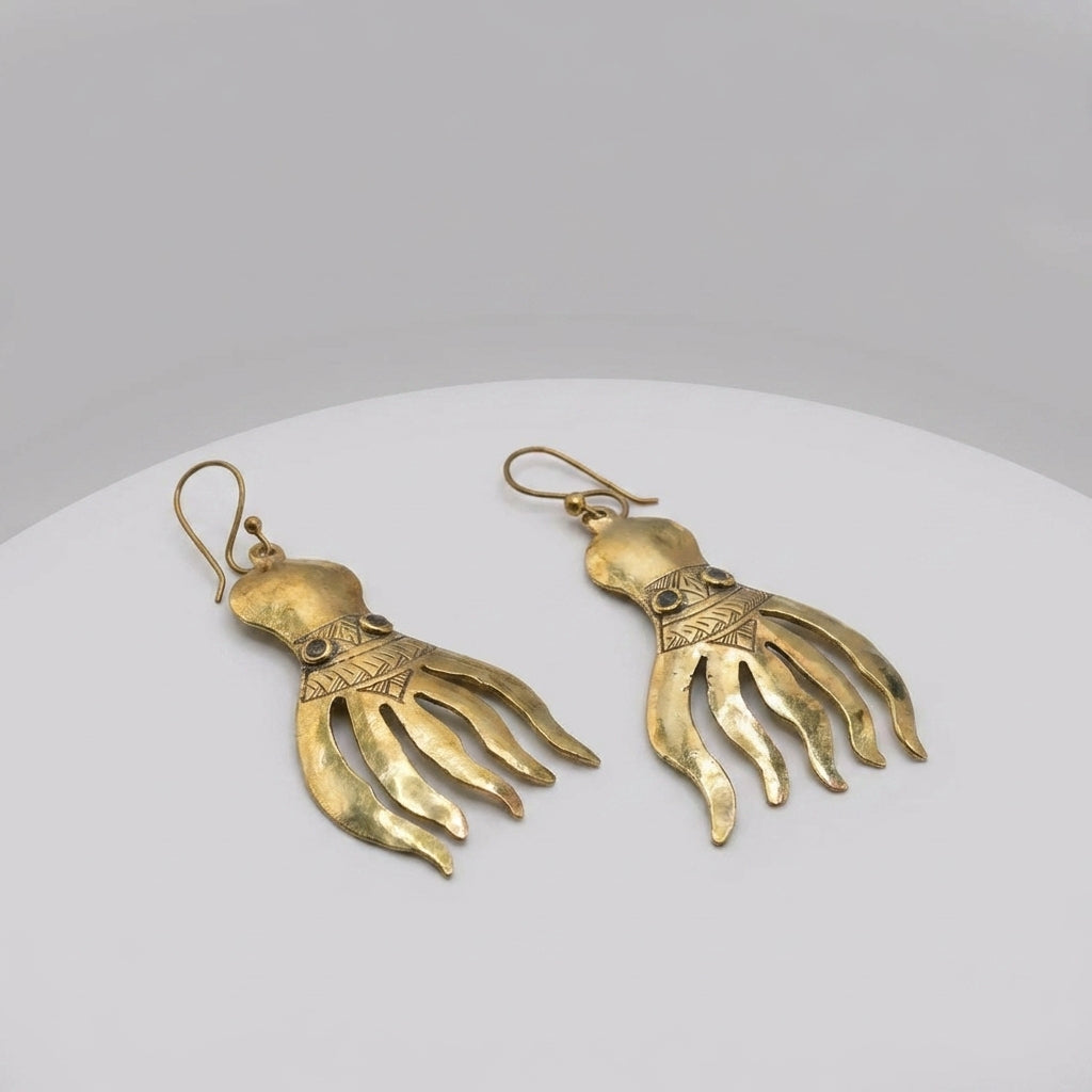 Bohemia Design Hand-Chiseled Brass Octopus Earrings - Gold Tone