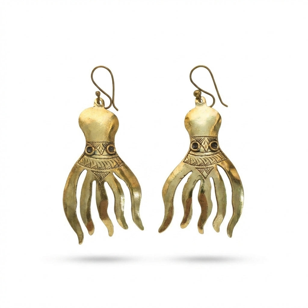 Bohemia Design Hand-Chiseled Brass Octopus Earrings - Gold Tone