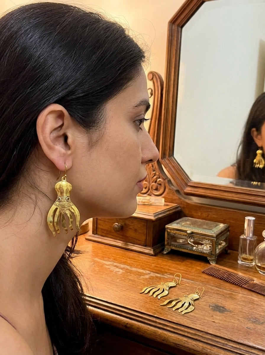 Bohemia Design Hand-Chiseled Brass Octopus Earrings - Gold Tone