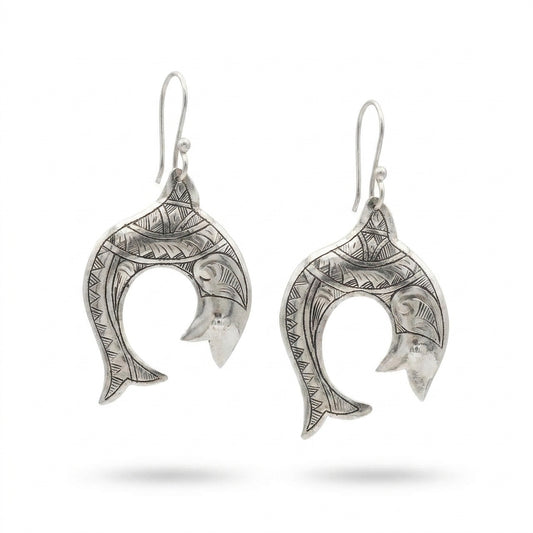 Silver Fish Earrings with Geometric Zig-Zag Pattern | Bohemia Design