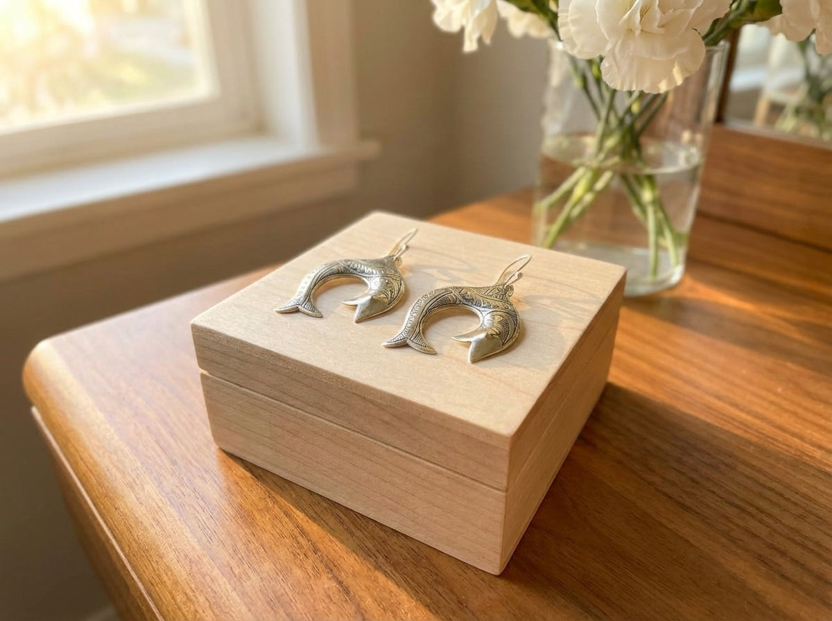 Silver Fish Earrings with Geometric Zig-Zag Pattern | Bohemia Design