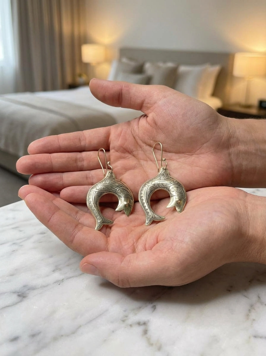 Silver Fish Earrings with Geometric Zig-Zag Pattern | Bohemia Design