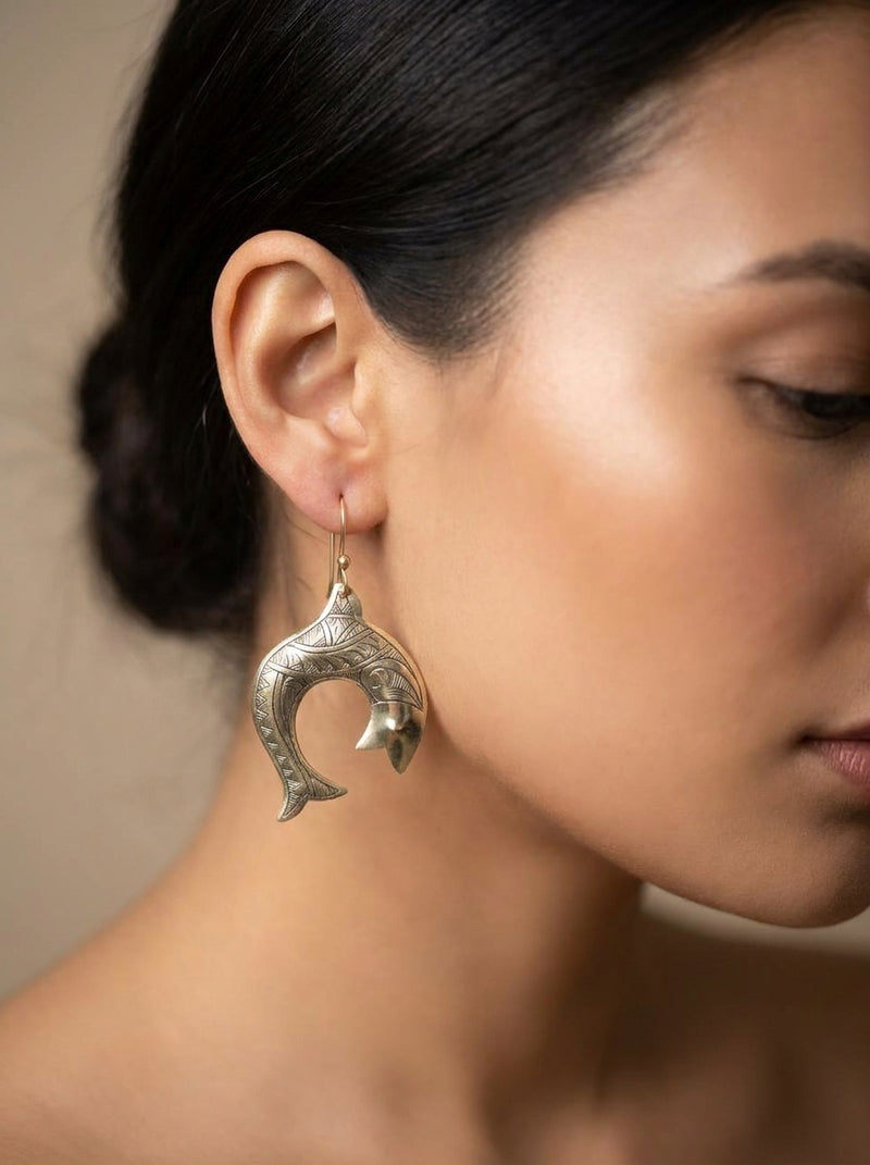 Silver Fish Earrings with Geometric Zig-Zag Pattern | Bohemia Design