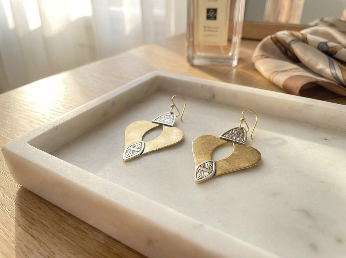 Bohemia Design Hand-Etched Brass & Oxidized Silver Shield Earrings