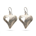 Bohemia Design Hand-Engraved Silver Heart Drop Earrings | Leaf Motif