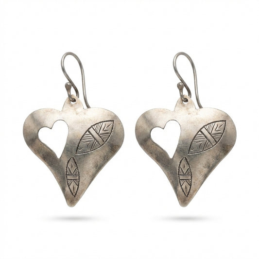 Bohemia Design Hand-Engraved Silver Heart Drop Earrings | Leaf Motif