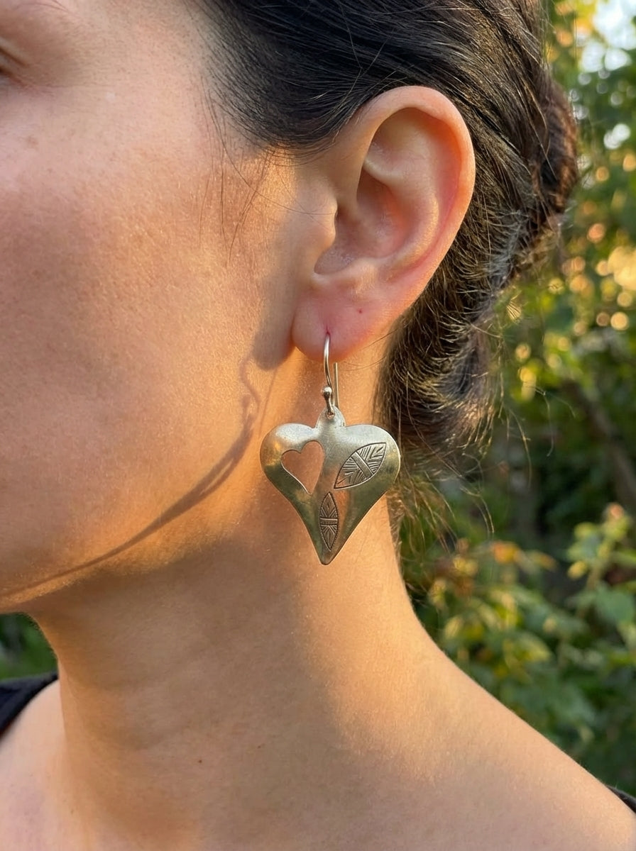 Bohemia Design Hand-Engraved Silver Heart Drop Earrings | Leaf Motif