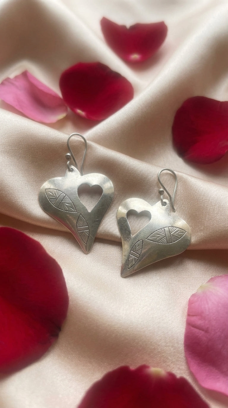 Bohemia Design Hand-Engraved Silver Heart Drop Earrings | Leaf Motif