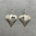 Bohemia Design Hand-Engraved Silver Heart Drop Earrings | Leaf Motif
