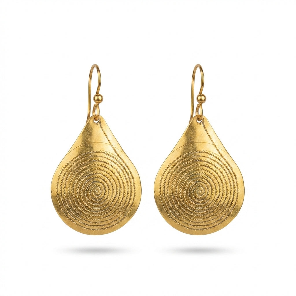 Bohemia Design Gold Teardrop Earrings | Hand-Etched Spiral Motif