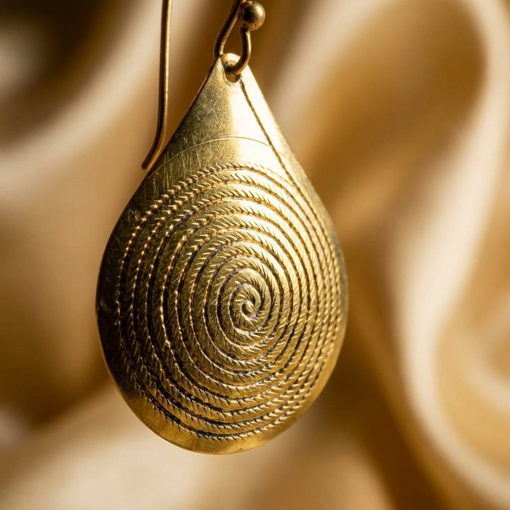 Bohemia Design Gold Teardrop Earrings | Hand-Etched Spiral Motif