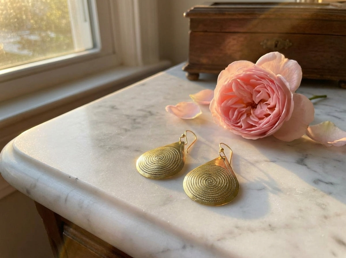 Bohemia Design Gold Teardrop Earrings | Hand-Etched Spiral Motif