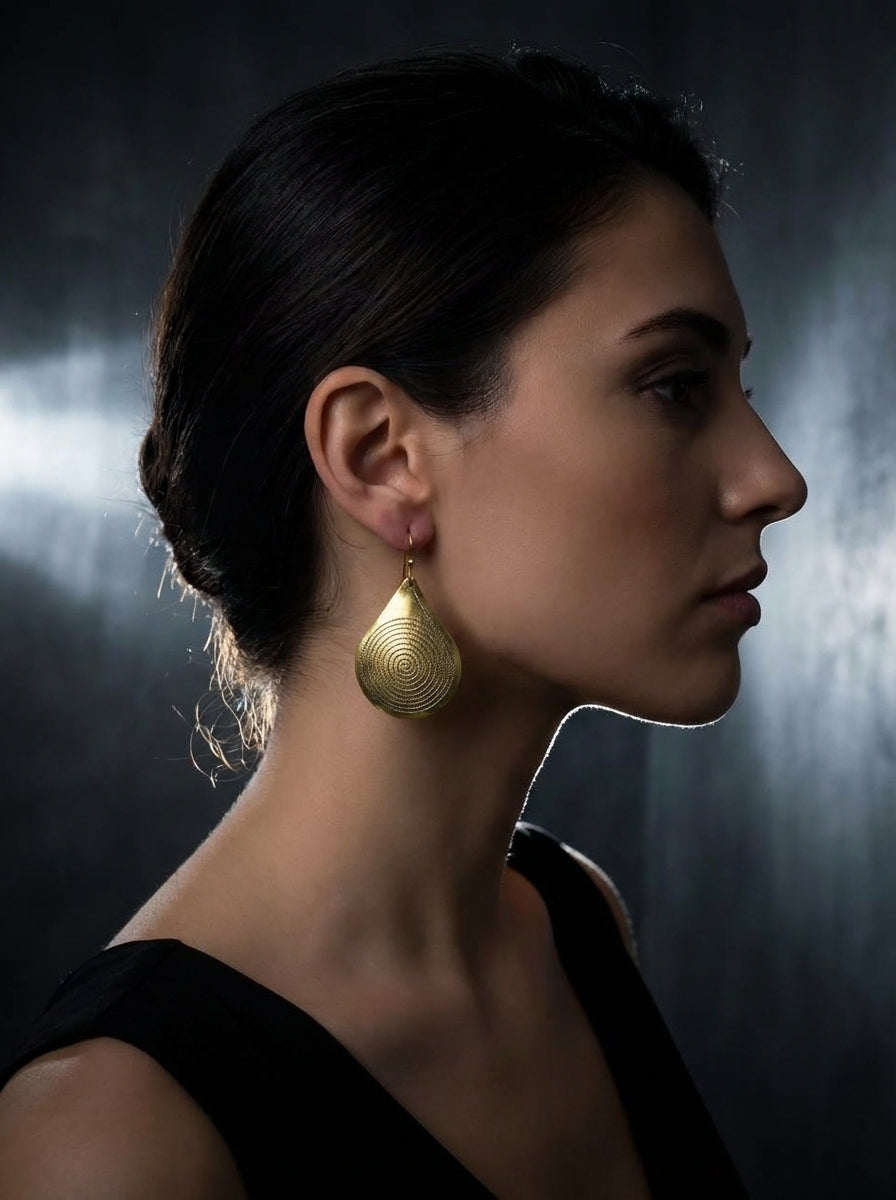 Bohemia Design Gold Teardrop Earrings | Hand-Etched Spiral Motif