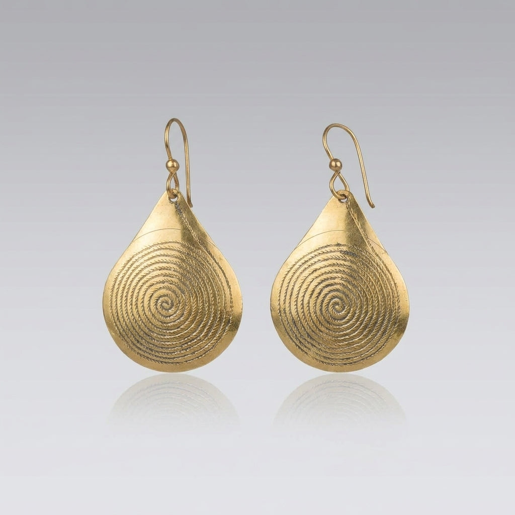 Bohemia Design Gold Teardrop Earrings | Hand-Etched Spiral Motif