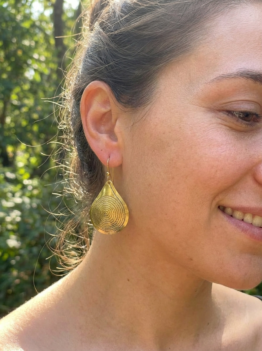 Bohemia Design Gold Teardrop Earrings | Hand-Etched Spiral Motif