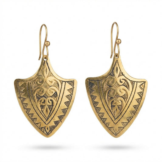 Bohemia Design Hand-Etched Brass Shield Earrings - Antique Gold