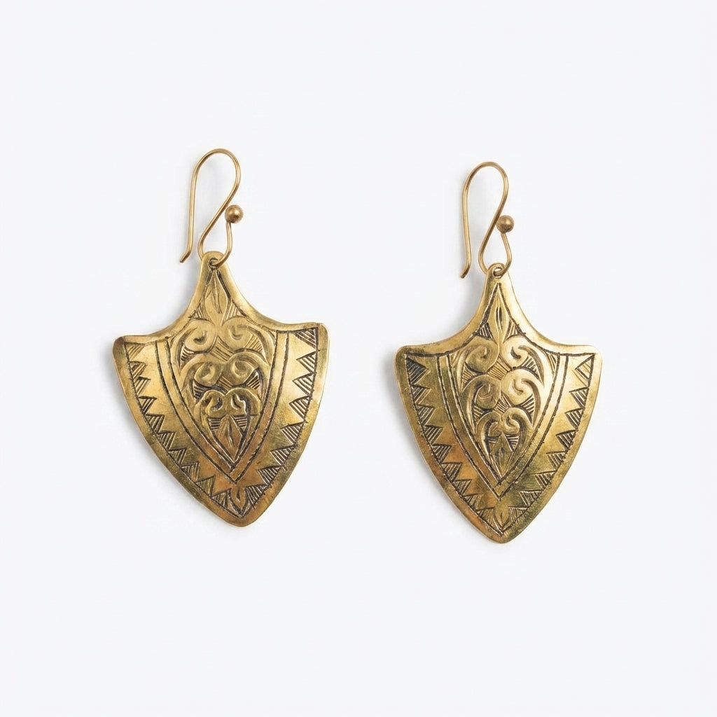 Bohemia Design Hand-Etched Brass Shield Earrings - Antique Gold