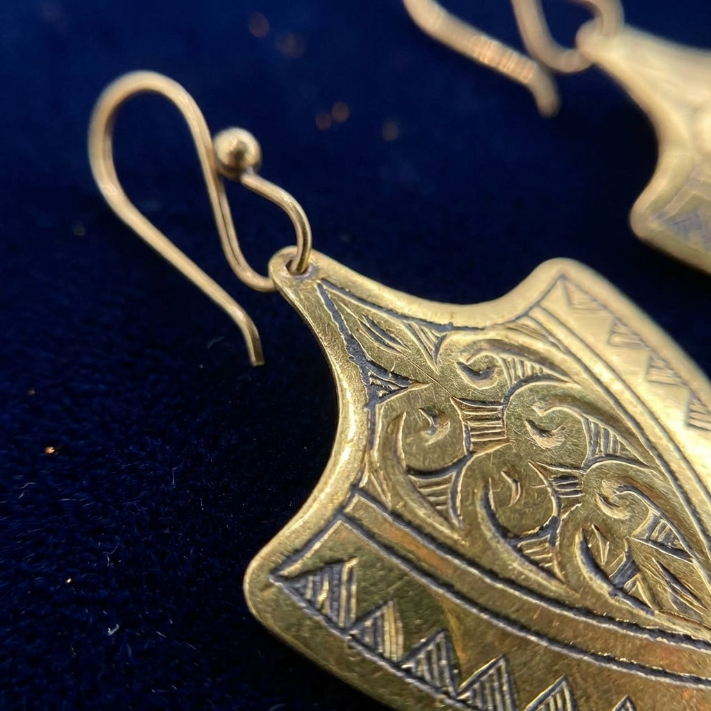 Bohemia Design Hand-Etched Brass Shield Earrings - Antique Gold