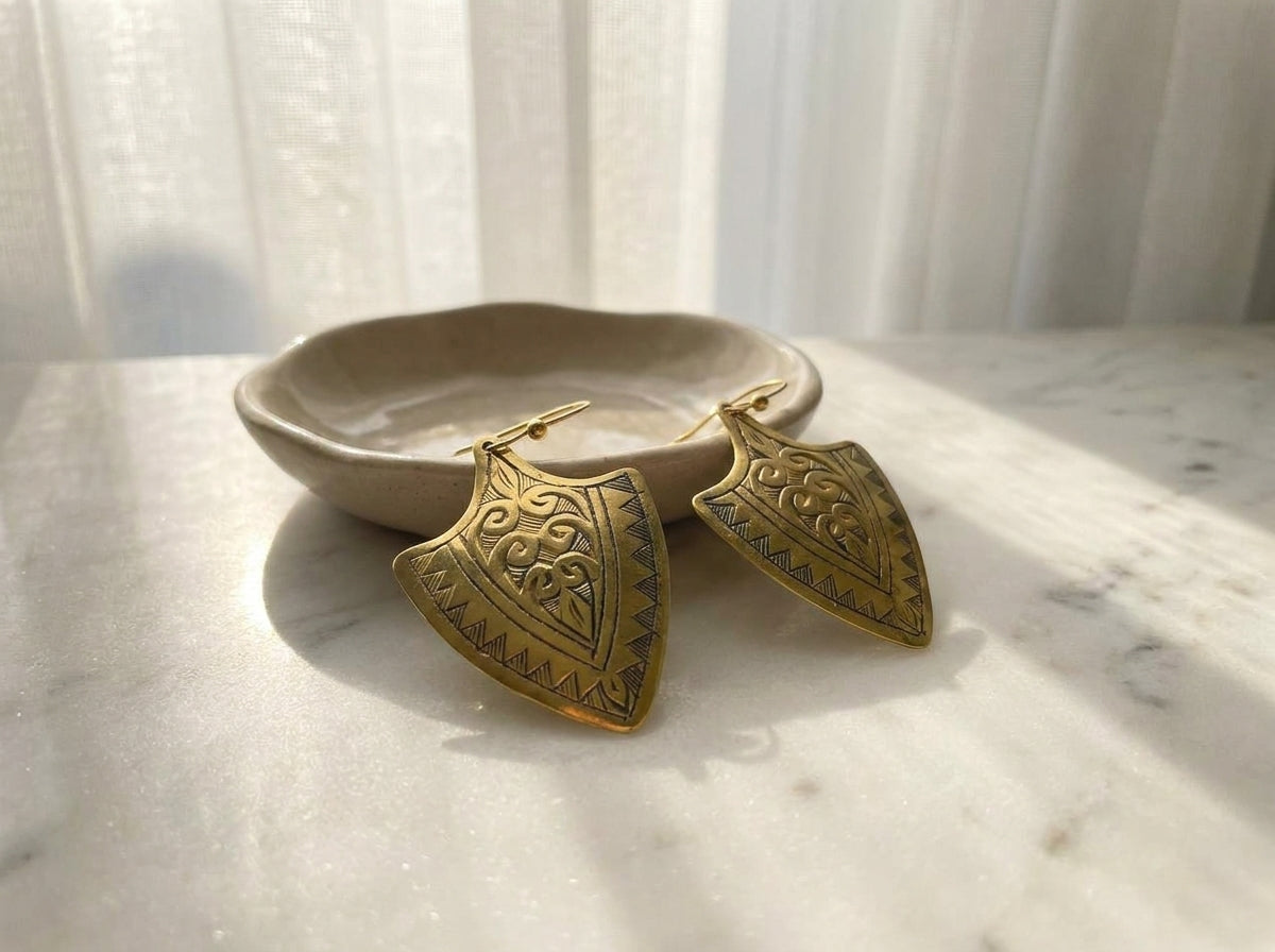 Bohemia Design Hand-Etched Brass Shield Earrings - Antique Gold