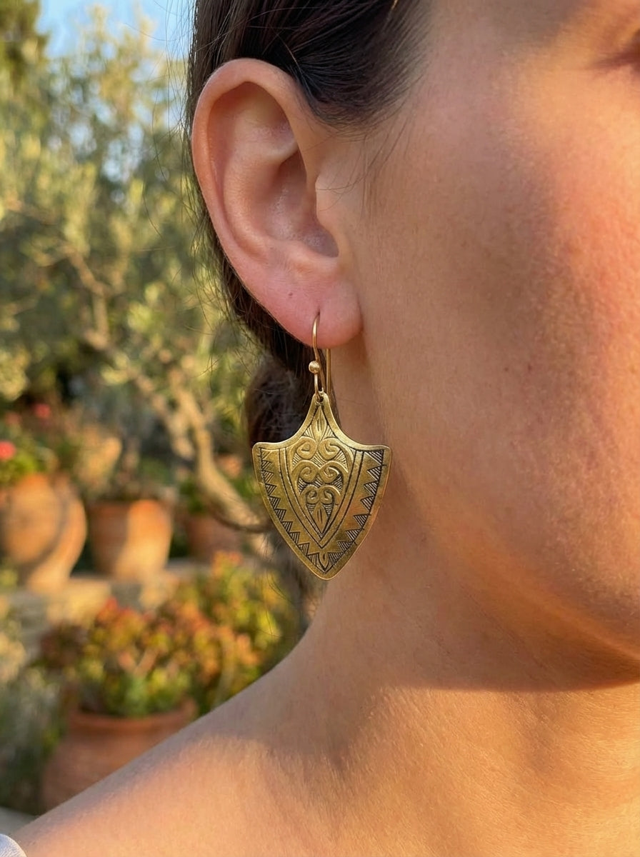 Bohemia Design Hand-Etched Brass Shield Earrings - Antique Gold