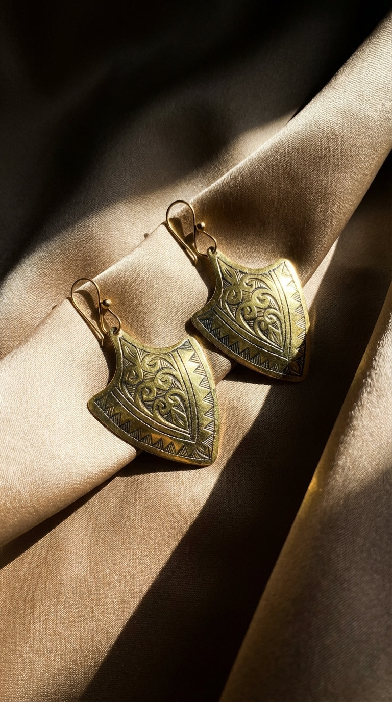Bohemia Design Hand-Etched Brass Shield Earrings - Antique Gold
